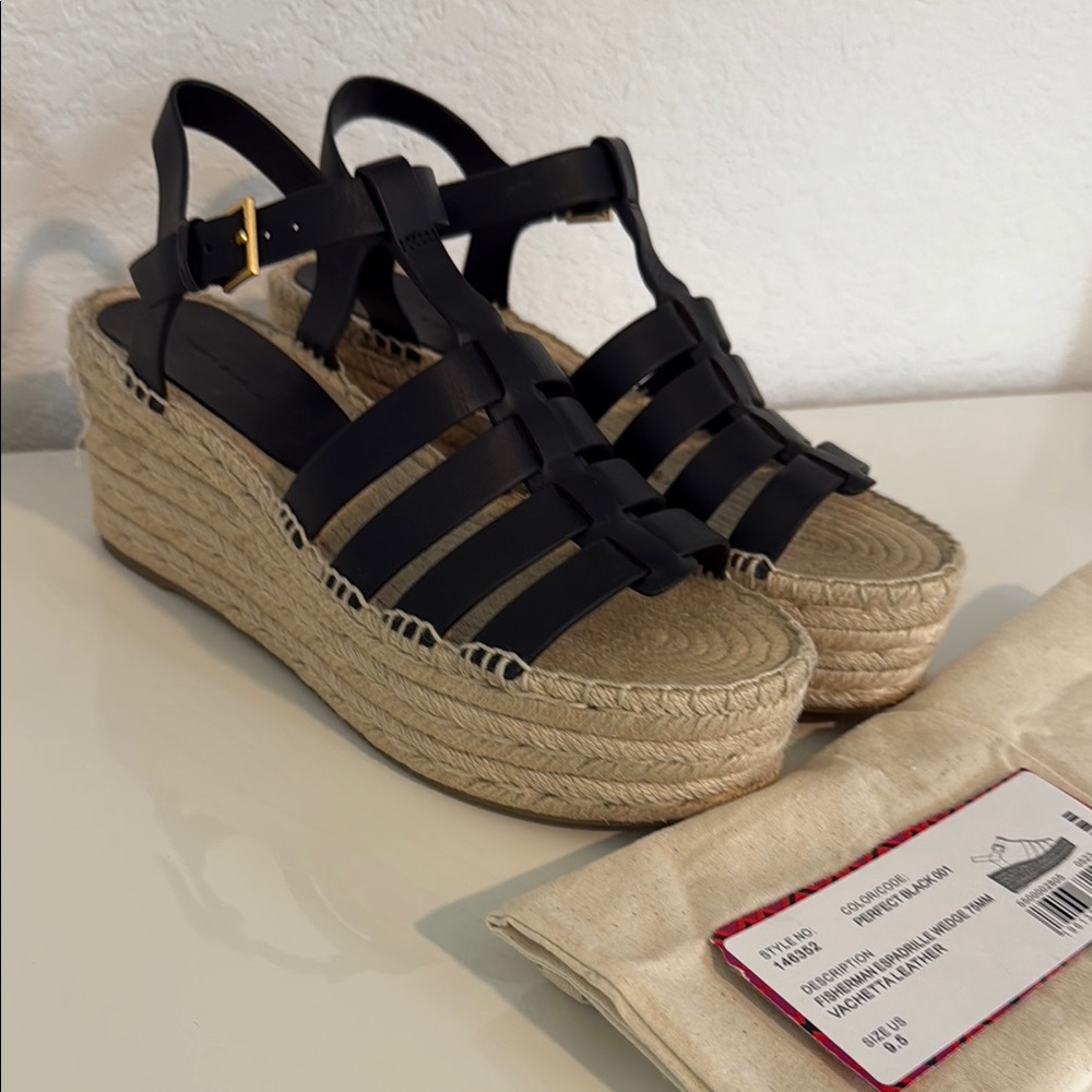 Tory Burch Black Leather Espadrille Wedge Sandals